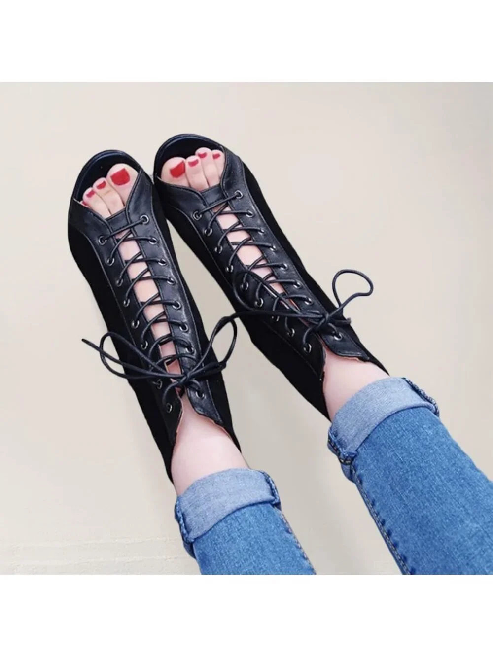 Women's Black Suede Buckle Lace Up Mesh Sandal Peep Toe High Heel Ankle Boots